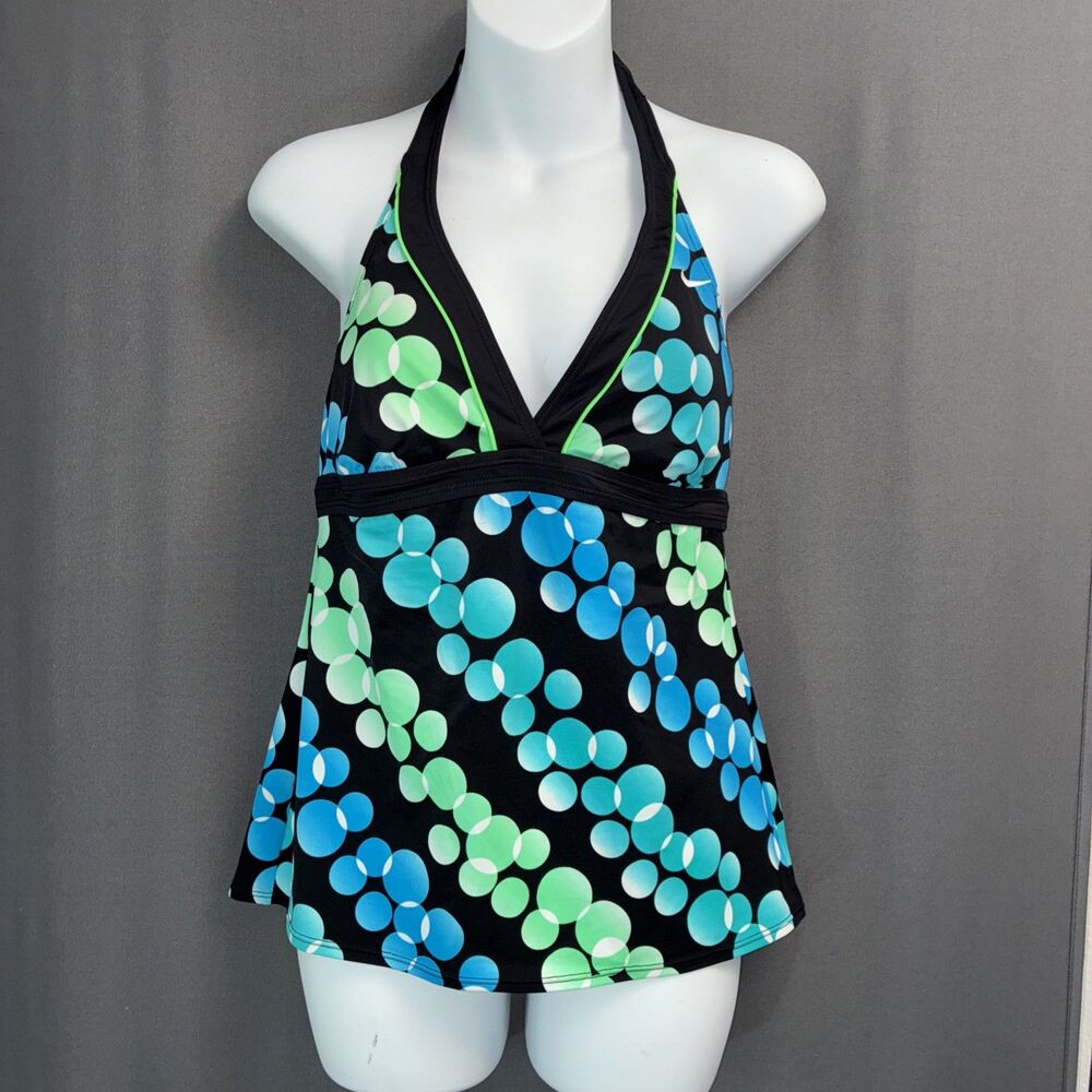 Nike Polka Dot Halter Tankini Swim Top Sz 10 Green Blue Black Bubbles Molded Cup